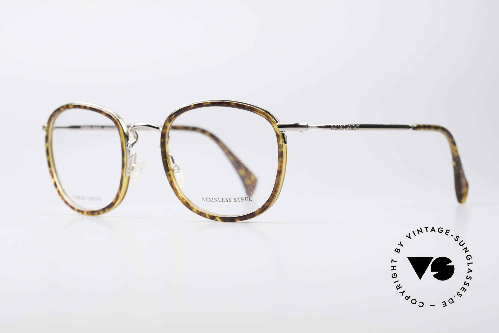 Giorgio Armani 863 Square Panto Eyeglass-Frame, a combination of amber and silver (stainless steel), Made for Men