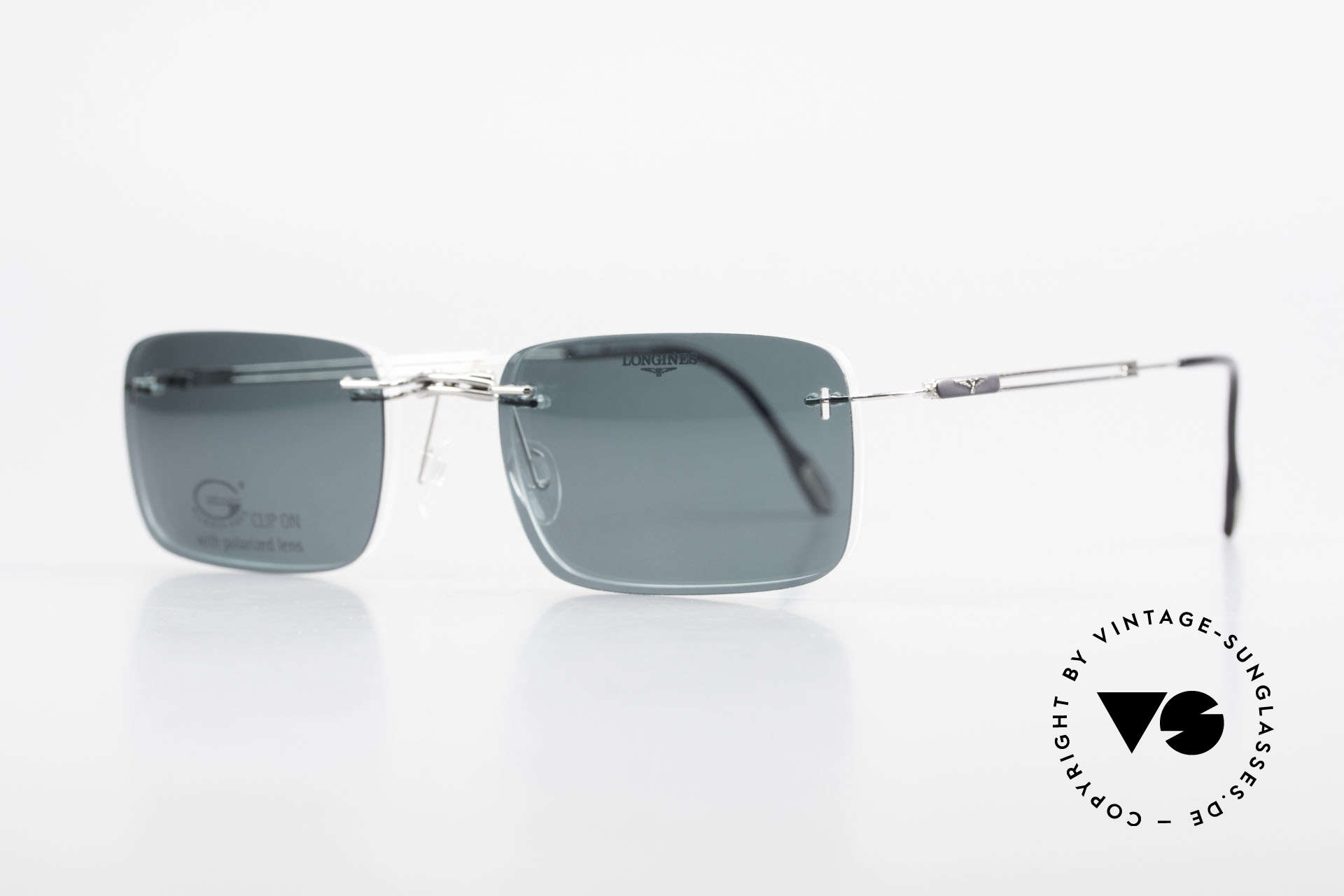 Longines 4367 Rimless Specs Polarized Clip, never worn (like all our 90's rimless eyeglass-frames), Made for Men