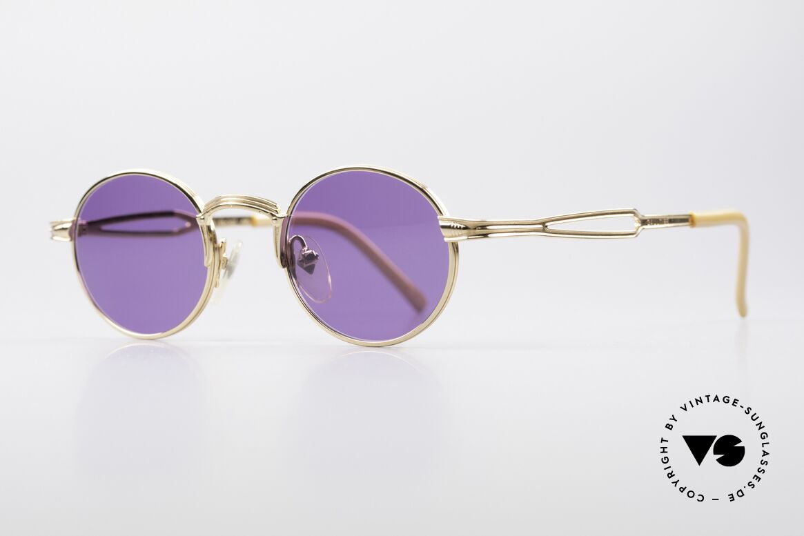 Jean Paul Gaultier 55-7107 90's Round JPG Gold Plated, fancy purple-colored sun lenses (100% UV protect.), Made for Men and Women