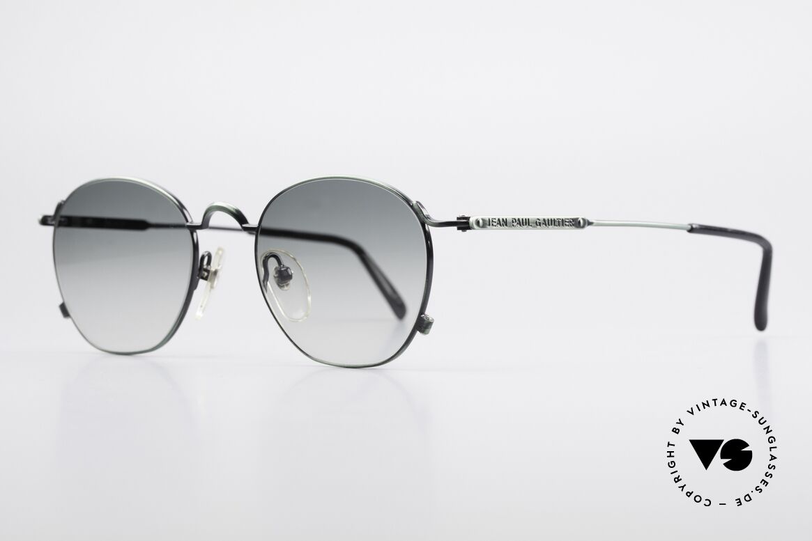 Jean Paul Gaultier 55-0171 90's Panto Designer Sunglasses, fir green metallic finish & green-gradient sun lenses, Made for Men