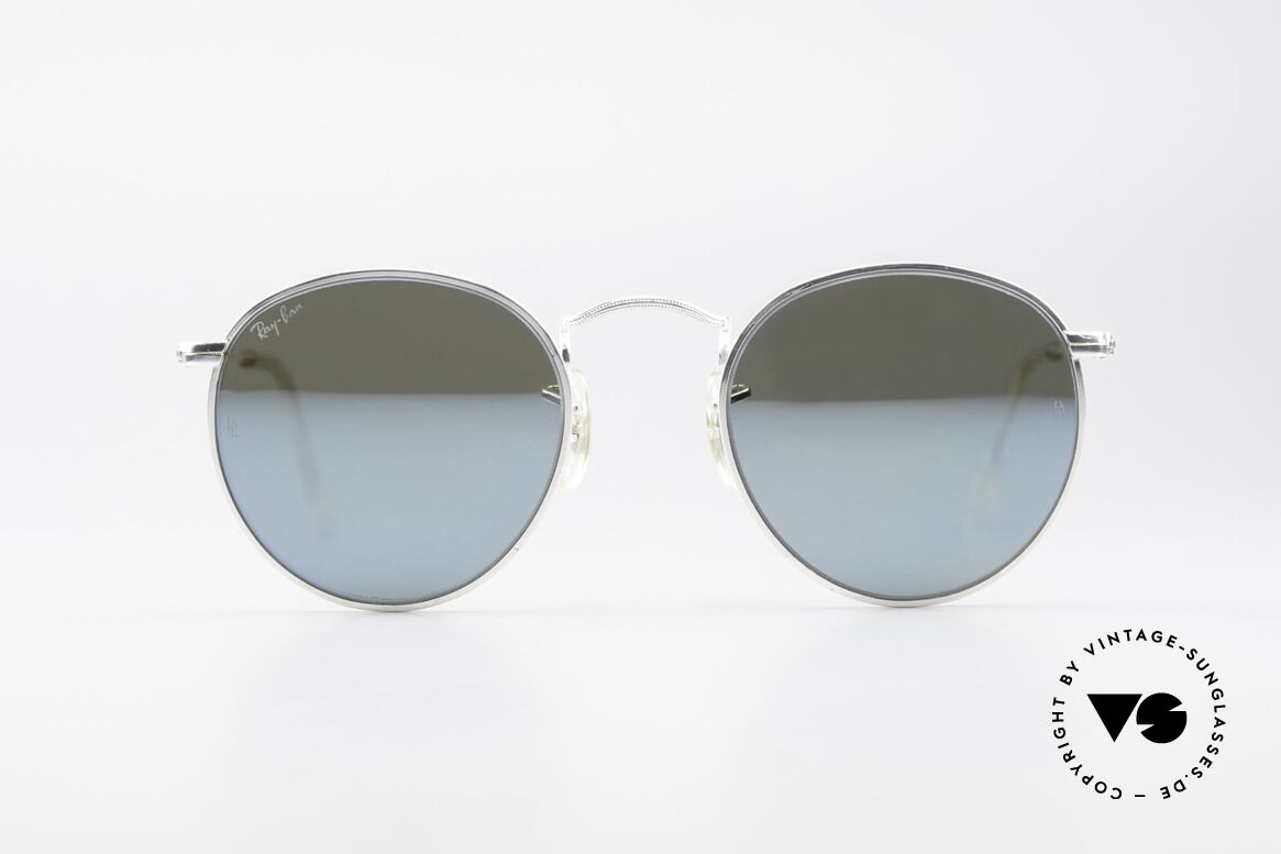 Ray Ban Round Metal 47 Blue Mirrored B&L USA Shades, small round 1980's Ray-Ban B&L vintage sunglasses, Made for Men and Women
