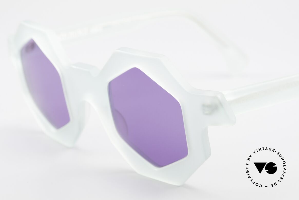 Alain Mikli 0157 / 932 Hexagonal Sunglasses 80's, bluish-translucent frame with purple sun lenses, Made for Women