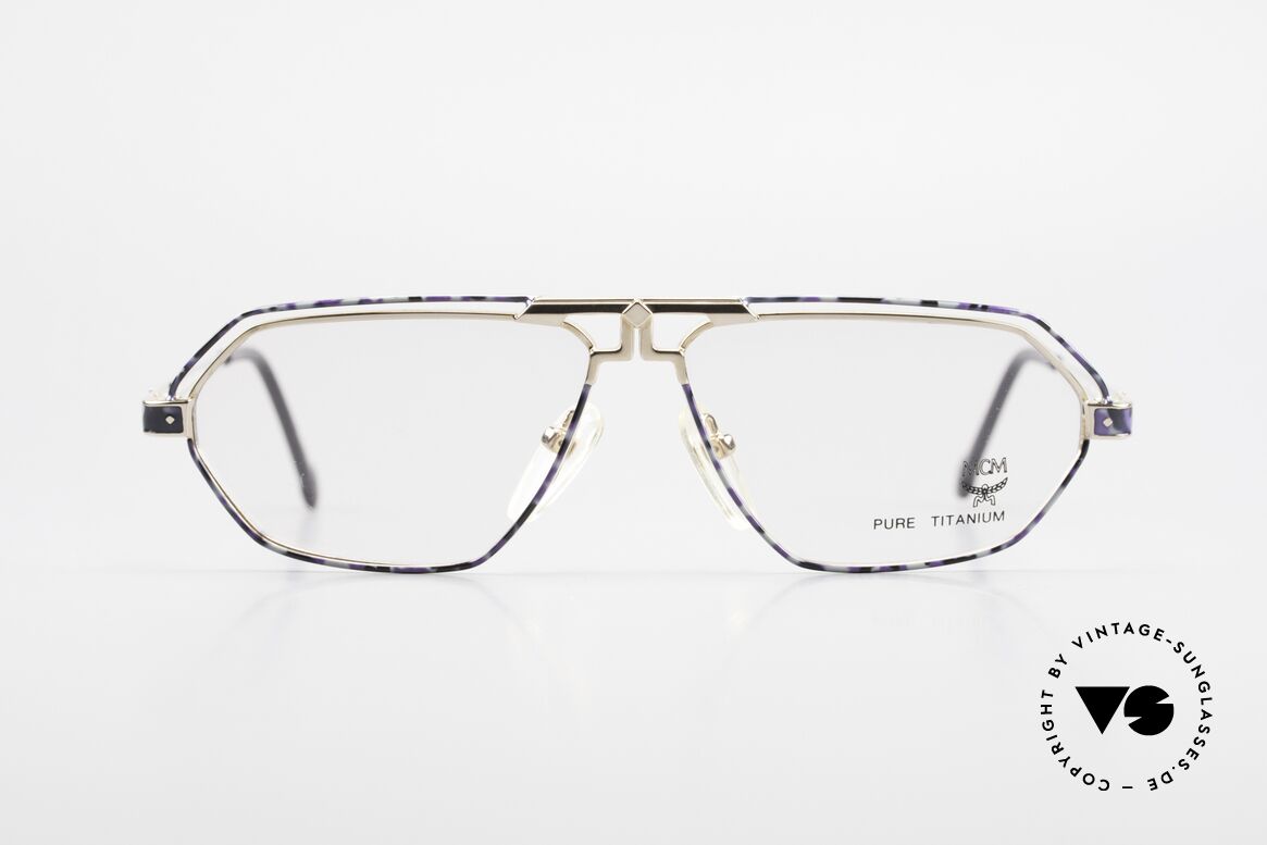 MCM München 13 Titanium Frame Blue Patterned, old designer eyeglasses by MCM from the early 1990's, Made for Men and Women