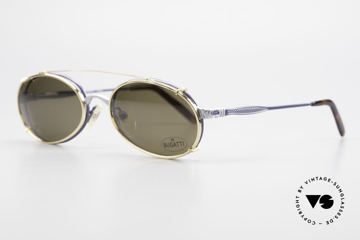 Bugatti 14164 Blue Frame With Golden Clip, eyeglass-frame with practical clip (sun lenses), Made for Men
