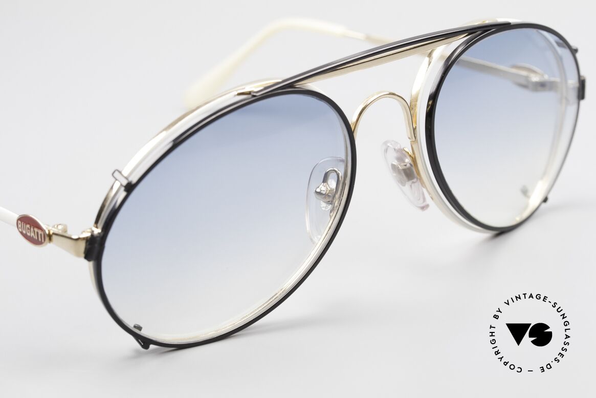 Bugatti 65987 Vintage Frame With Clip On, BLACK sun clip with BLUE-gradient sun lenses, Made for Men