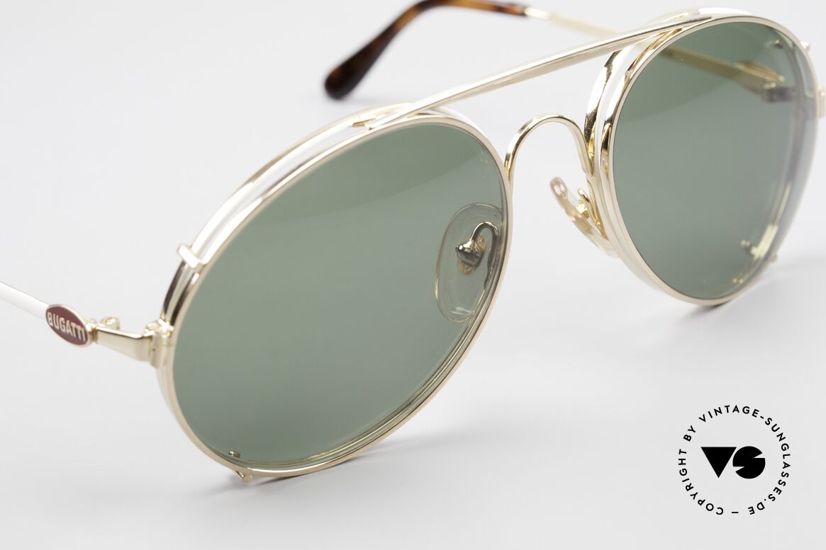 Bugatti 65987 80's Vintage Frame Clip On, sun clip with green sun lenses (100% UV prot.), Made for Men