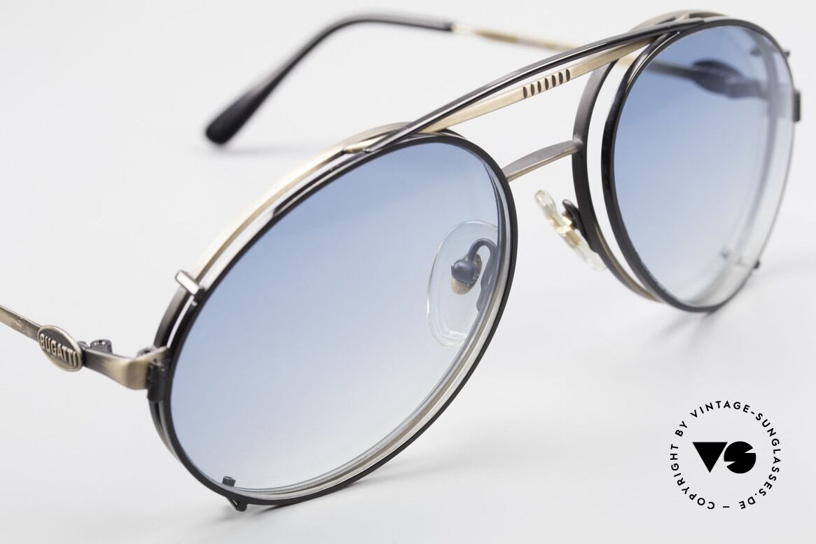 Bugatti 65282 Vintage Frame With Sun Clip, BLACK sun clip with BLUE-gradient sun lenses, Made for Men