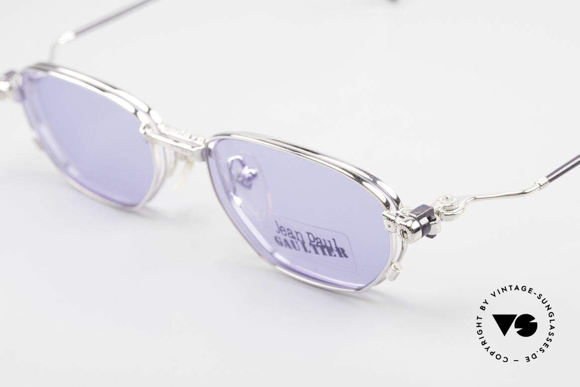 Jean Paul Gaultier 55-8107 Rare 90's Vintage Frame Clip On, frame shines silver-chrome and black, in size 49-18, Made for Men
