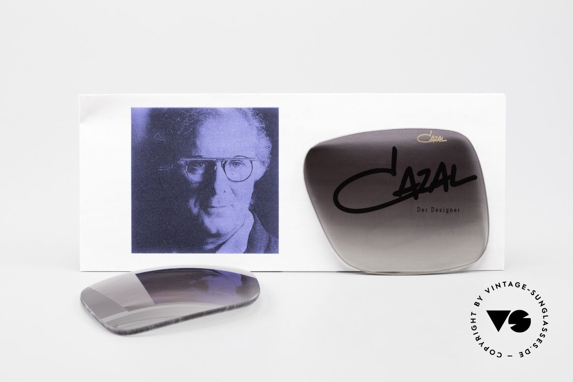 Cazal 607 Lens Sun Lenses Cari Zalloni Booklet, gray-gradient sun lenses with the golden Cazal logo, Made for Men