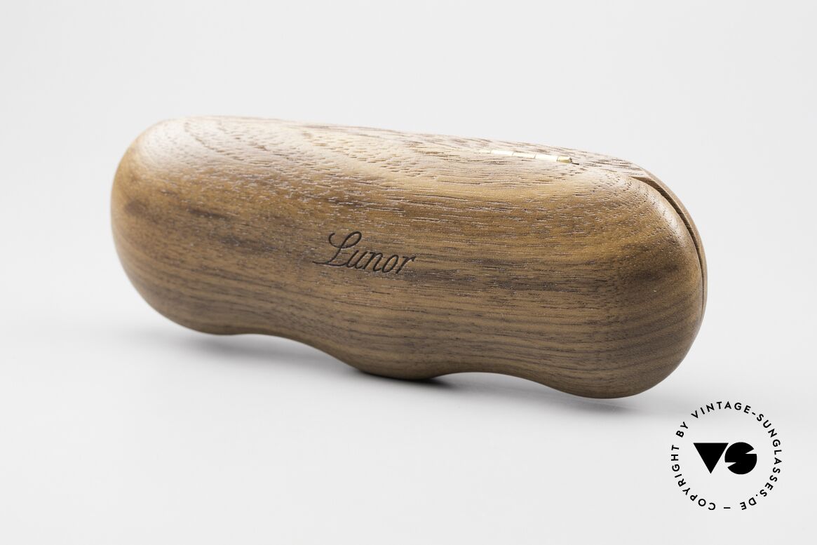 Lunor Wooden Folding Case - A Solid Wood Case Nut In Size A, photo shows a Lunor "I 10" (34mm height) in the case, Made for Men and Women
