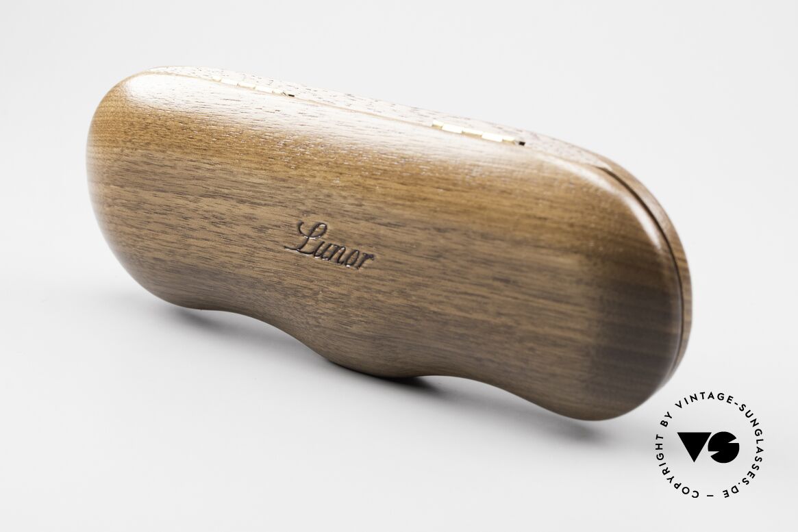 Lunor Wooden Folding Case - B Nut Wood Case In Size B, photo shows a Lunor "I 12" (39mm height) in the case, Made for Men and Women