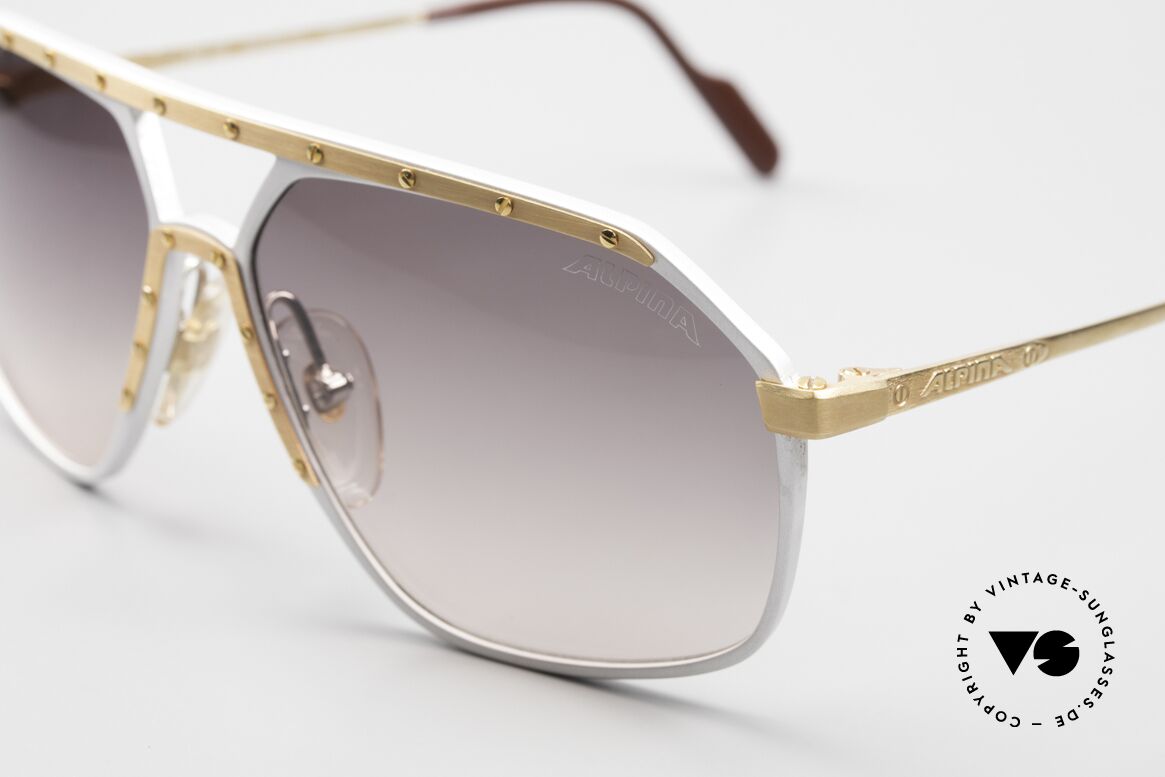 Alpina M6 Old Vintage 80's Sunglasses, silver frame with golden ornamental cover & screws, Made for Men and Women