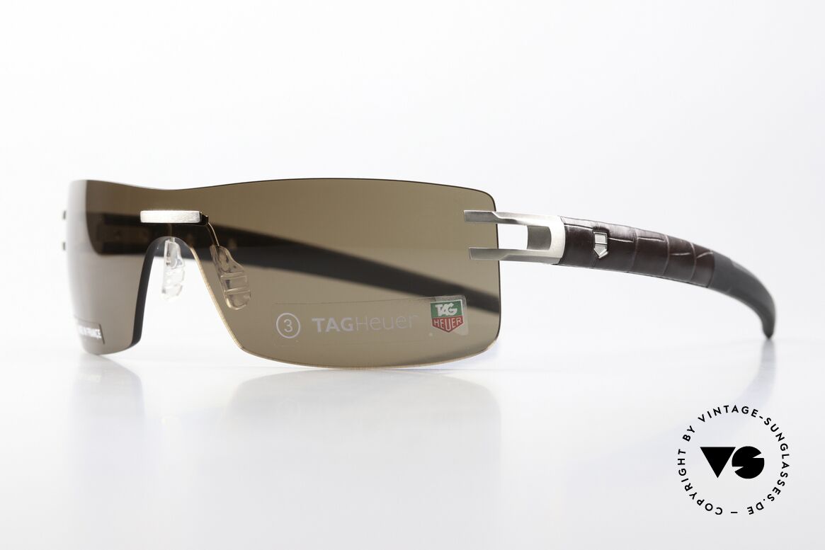 Tag Heuer L-Type 0451 Rimless Luxury Sunglasses, color-code 210 = Palladium Matte / Marron Leather, Made for Men