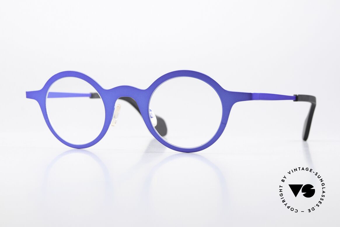 Theo Belgium Mille 24 Metal Frame Blue Metallic, round designer eyeglass-frame; THEO Belgium, Made for Men and Women