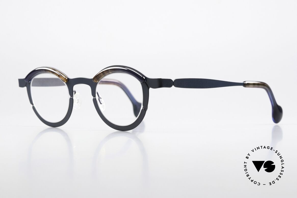 Theo Belgium Piece Round Frame Unisex Panto, round unisex glasses in dark blue / "root wood", Made for Men and Women