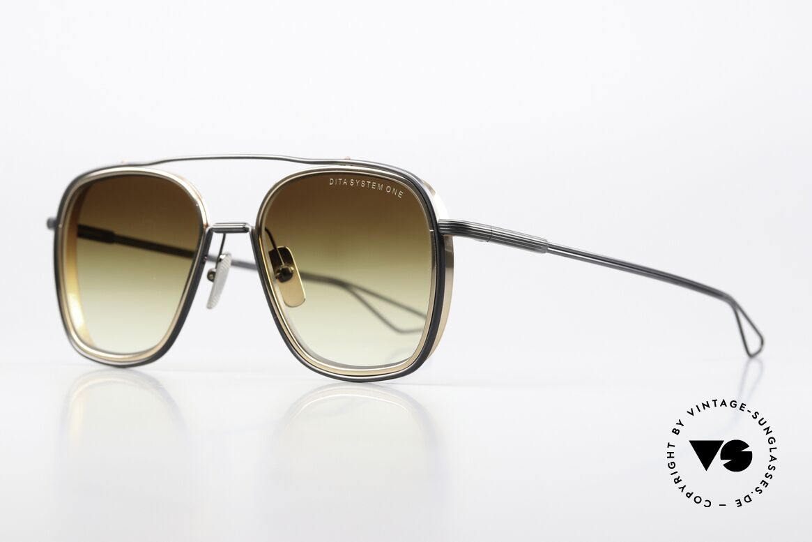 DITA System One Luxury Pilot Sunglasses Men, matte black & yellow-gold-plated luxury sunglasses, Made for Men