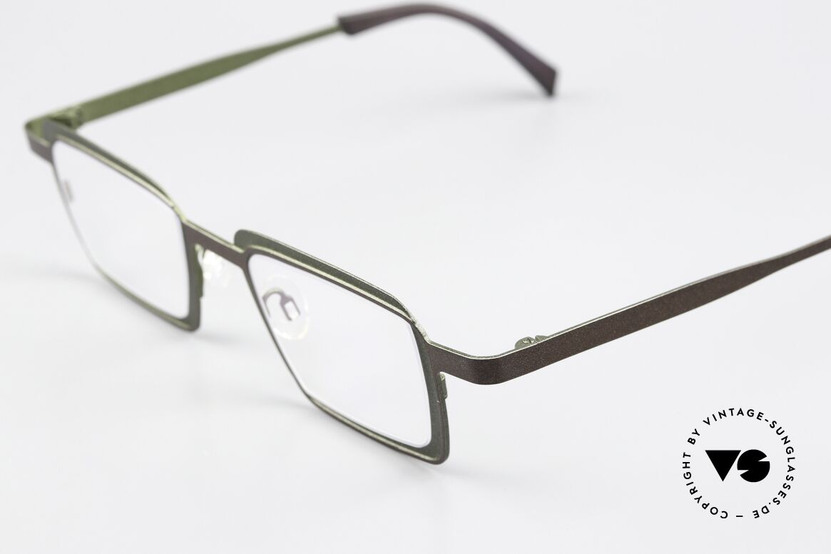 Theo Belgium Eye-Witness YC Square Designer Eyewear, this WB model shines brown metallic & green (backside), Made for Men and Women