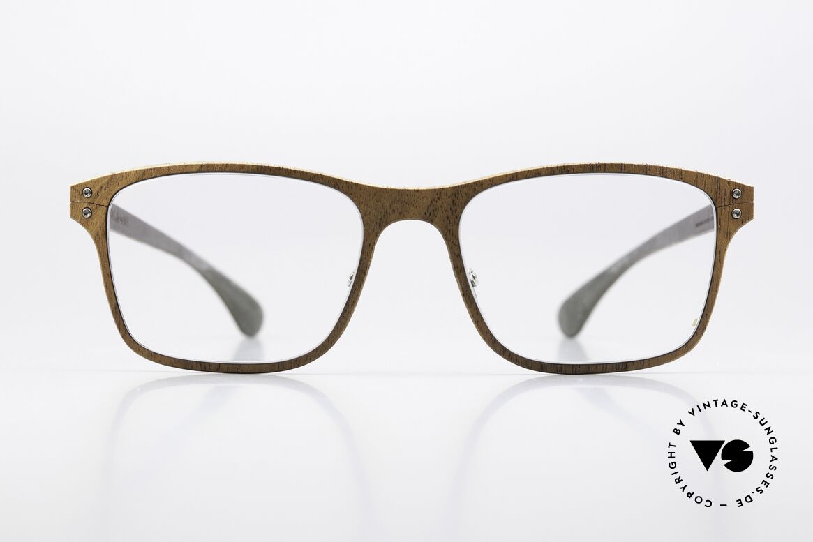 Lucas de Stael Nemus Thin 01 Walnut Dark Brown Leather, a pair of classic designer glasses; handmade in France, Made for Men and Women