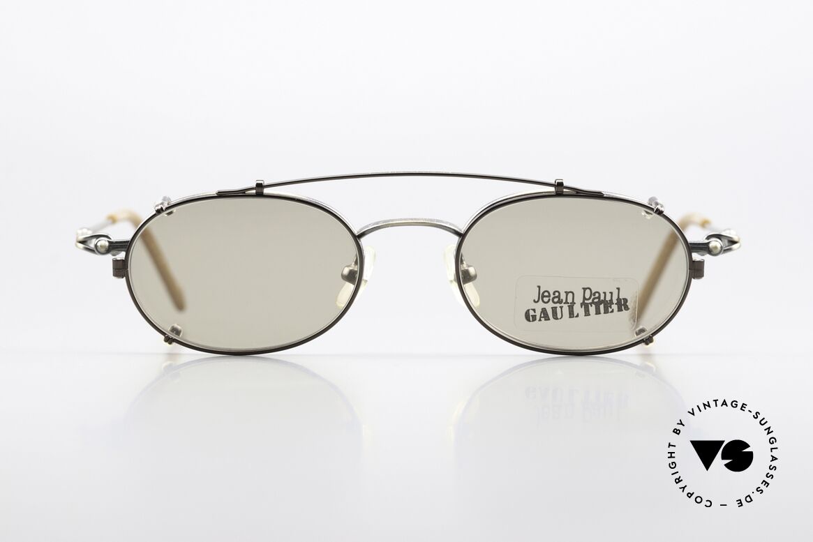 Jean Paul Gaultier 55-0012 Vintage Frame With Clip On, oval frame in "antique smoke silver" in size 46-19, Made for Men and Women