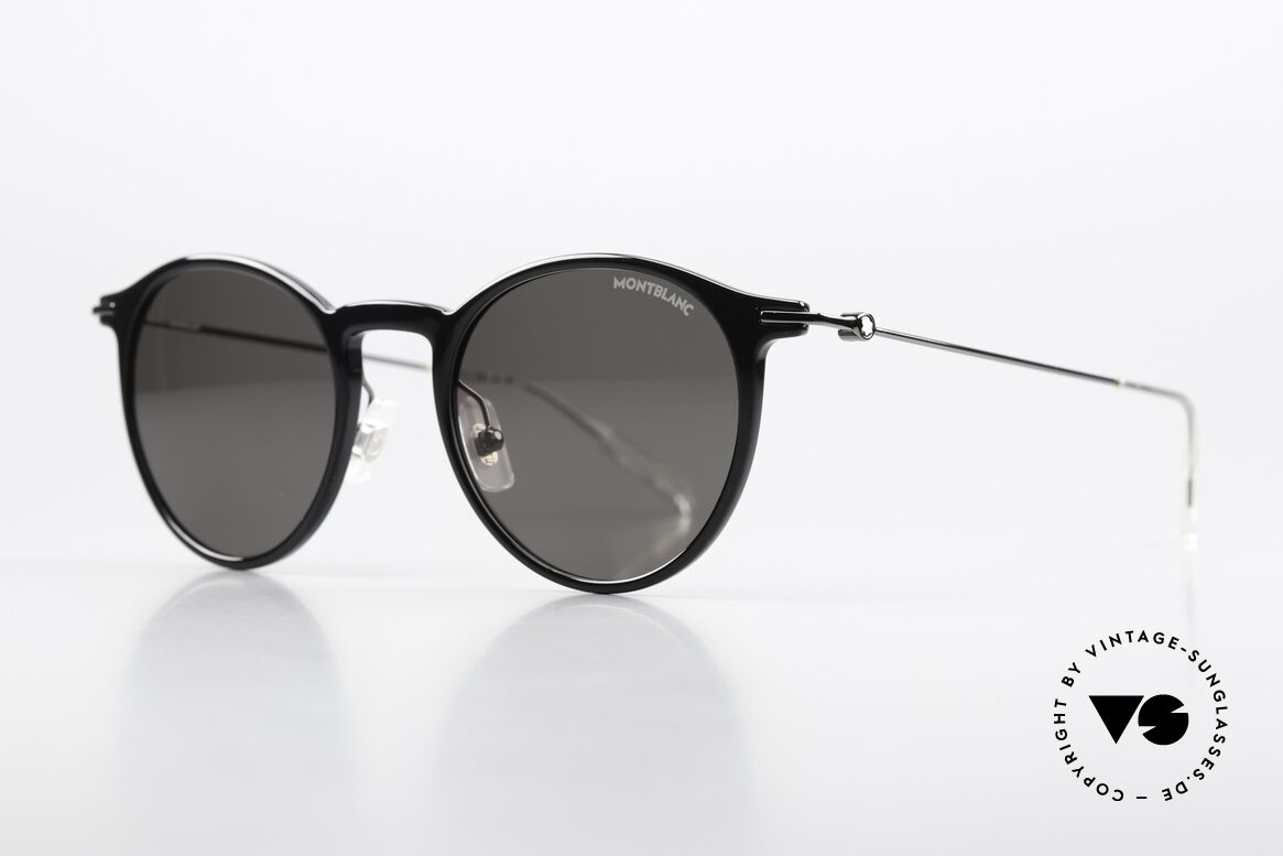 Montblanc MB0097S Classic Panto Sunglasses, black frame front with metal temples in 'gunmetal', Made for Men