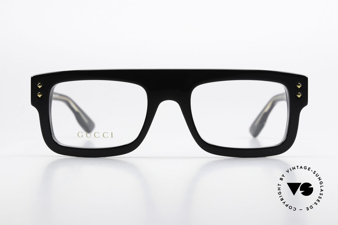 Gucci GG1085O Thick Black Frame Gold Logo, very solid black acetate frame, striking design, Made for Men