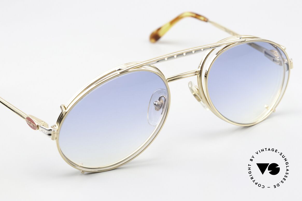 Bugatti 02908 Vintage Frame With Sun Clip, golden sun clip with BLUE-gradient sun lenses, Made for Men Bugatti 02908 Vintage Frame With Sun Clip, golden sun clip with BLUE-gradient sun lenses, Made for Men