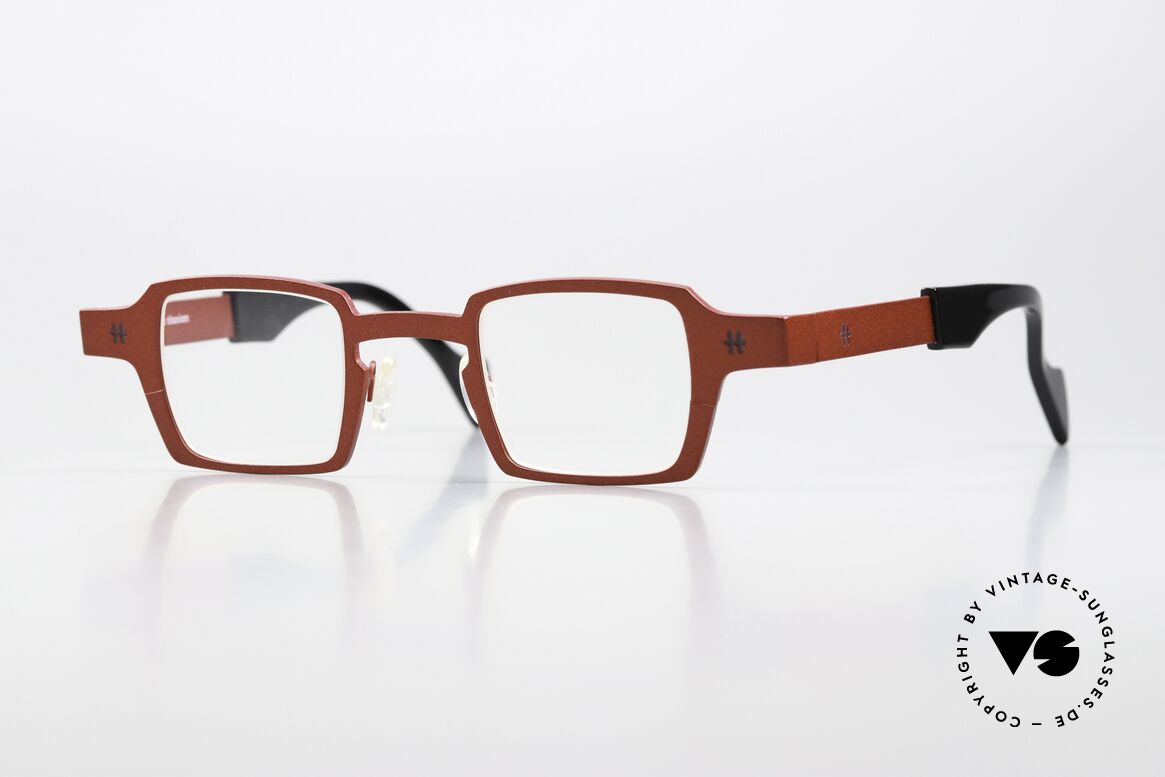 Theo Belgium Sixteen Titanium Frame Red Metallic, striking square designer specs by THEO Belgium, Made for Women