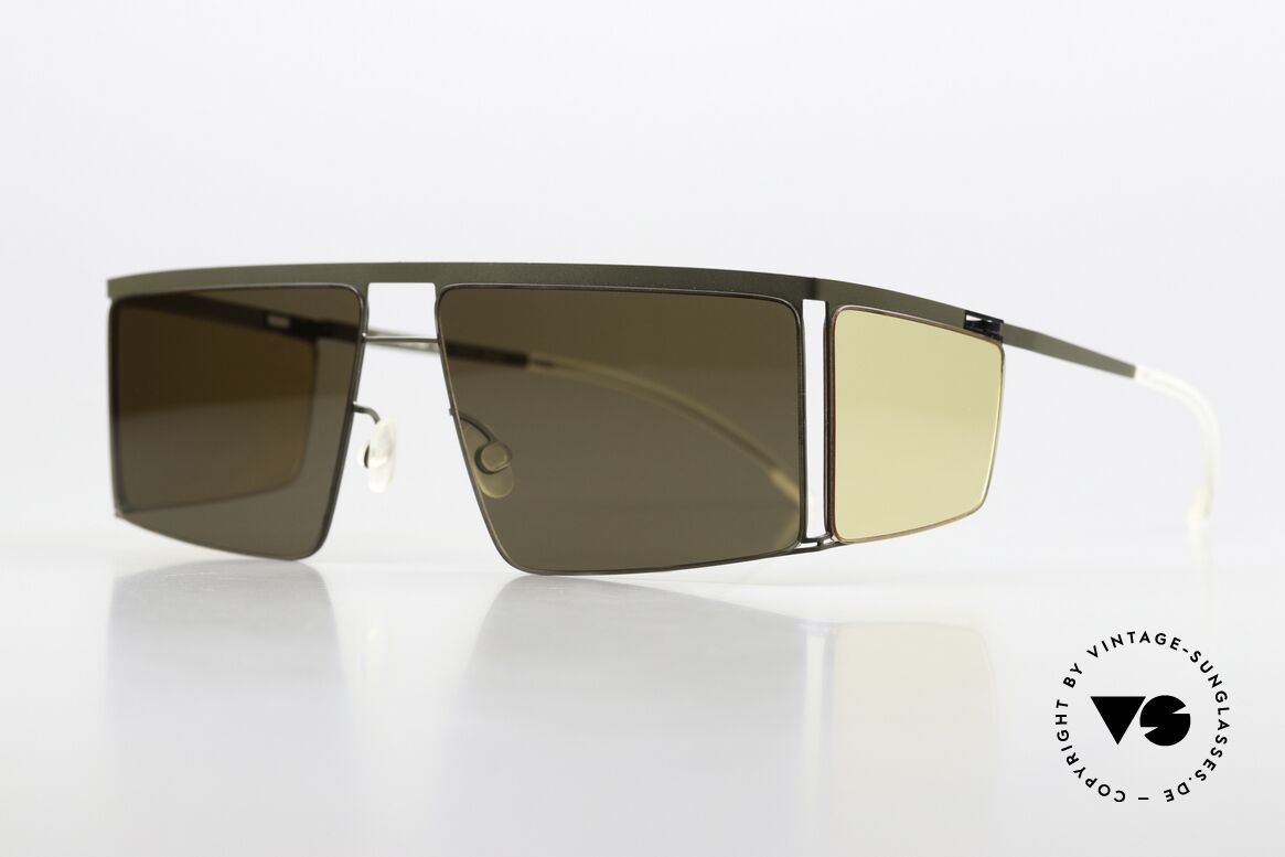 Mykita Helmut Lang HL001 Camou Green Jelly Yellow Sides, minimalist-avant-garde sunglasses with side blinds, Made for Men and Women Mykita Helmut Lang HL001 Camou Green Jelly Yellow Sides, minimalist-avant-garde sunglasses with side blinds, Made for Men and Women