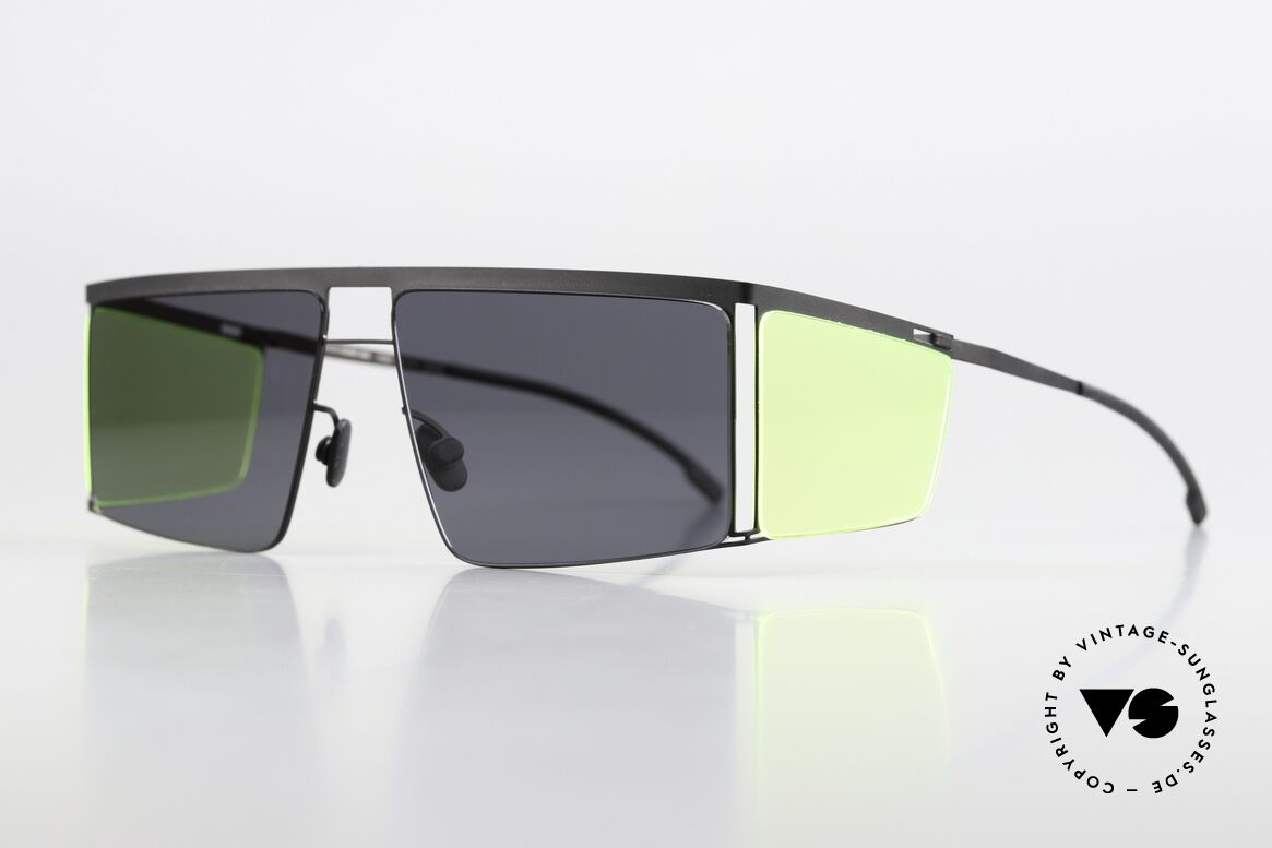 Mykita Helmut Lang HL001 Black With Fluo Yellow Sides, minimalist-avant-garde sunglasses with side blinds, Made for Men and Women Mykita Helmut Lang HL001 Black With Fluo Yellow Sides, minimalist-avant-garde sunglasses with side blinds, Made for Men and Women