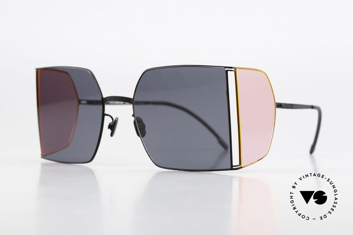 Mykita Helmut Lang HL003 Black Frame With Fluo Pink Sides, minimalist-avant-garde sunglasses with side blinds, Made for Men and Women Mykita Helmut Lang HL003 Black Frame With Fluo Pink Sides, minimalist-avant-garde sunglasses with side blinds, Made for Men and Women