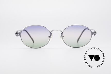 Jean Paul Gaultier 55-6112 Oval Designer Sunglasses, interesting glossy frame finish (light bluish metallic), Made for Men and Women