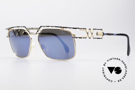 Cazal 973 Blue Mirrored 90s Sunglasses, elegant & interesting coloring/pattern: silver blue-black, Made for Men and Women