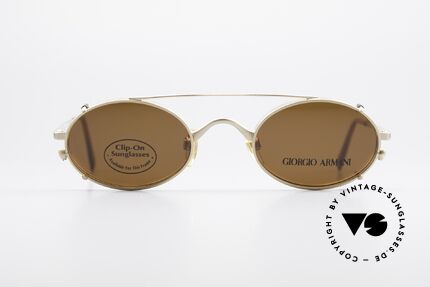 Giorgio Armani 122 Clip On Vintage Designer Frame, elegant finish in matt gold and solid brown sun lenses, Made for Men and Women