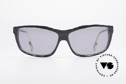 Alain Mikli 701 / 986 Rare 80s Designer Sunglasses, terrific pattern: crystal / gray striped / black & white, Made for Women