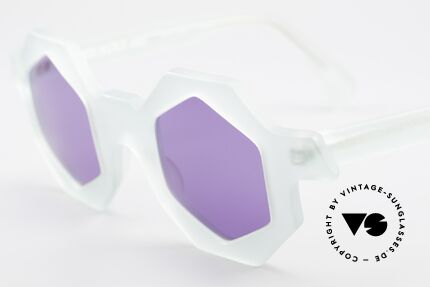 Alain Mikli 0157 / 932 Hexagonal Sunglasses 80's, bluish-translucent frame with purple sun lenses, Made for Women