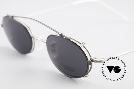 Oliver Peoples OP587 Eyeglass-Frame Oval Clip On, UNWORN; oval silver frame with black/gray clip on, Made for Men and Women