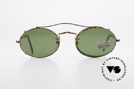 Giorgio Armani 128 Clip On Vintage Designer Frame, elegant finish in chestnut-brown and green sun lenses, Made for Men and Women