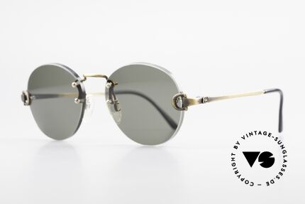 Gucci 2223 Rimless Round Sunglasses, thick, green sun lenses with brass bridge & temples, Made for Men and Women