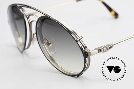 Bugatti 07823 Old 80's Glasses With Sun Clip, antique-gold frame with practical CLIP-ON in black, Made for Men