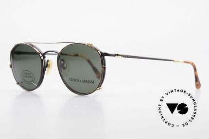 Giorgio Armani 132 Clip On Panto Eyeglasses 90's, classic black frame with a 'chestnut brown' Clip-On, Made for Men