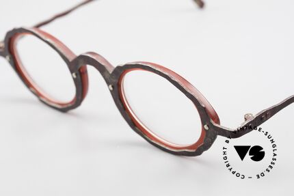 Theo Belgium Eye-Witness GG Avant-Garde Eyeglasses 90's, this EW model looks antique rubiginose and ruby-colored, Made for Men and Women