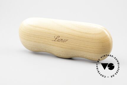 Lunor Wooden Folding Case - A Wood Case Cherry In Size A, photo shows a Lunor "I 10" (34mm height) in the case, Made for Men and Women