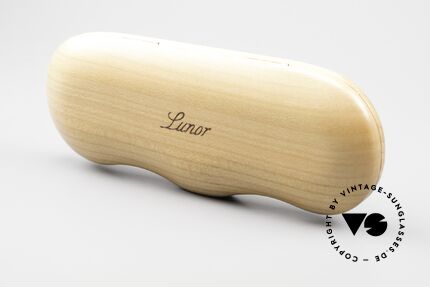 Lunor Wooden Folding Case - B Flip Wood Case Cherry In Size B, photo shows a Lunor "I 12" (39mm height) in the case, Made for Men and Women