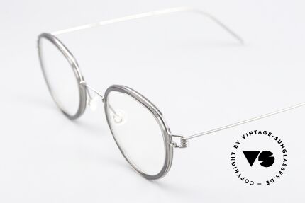 Lindberg Jackie Air Titan Rim Unisex Glasses Panto Style, silver frame with "smoke gray translucent" inner rim, Made for Men and Women