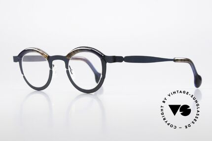 Theo Belgium Piece Round Frame Unisex Panto, round unisex glasses in dark blue / "root wood", Made for Men and Women