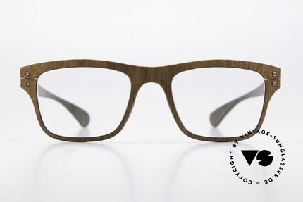Lucas de Stael Nemus 22 Walnut + Dark Brown Leather, a pair of classic designer glasses; handmade in France, Made for Men