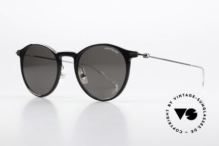 Montblanc MB0097S Classic Panto Sunglasses, black frame front with metal temples in 'gunmetal', Made for Men