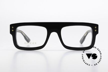 Gucci GG1085O Thick Black Frame Gold Logo, very solid black acetate frame, striking design, Made for Men